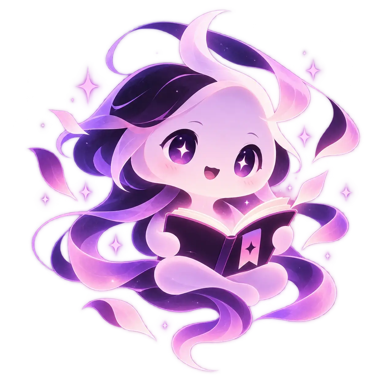 Narra floating above a sleeping town at night, reading a glowing book